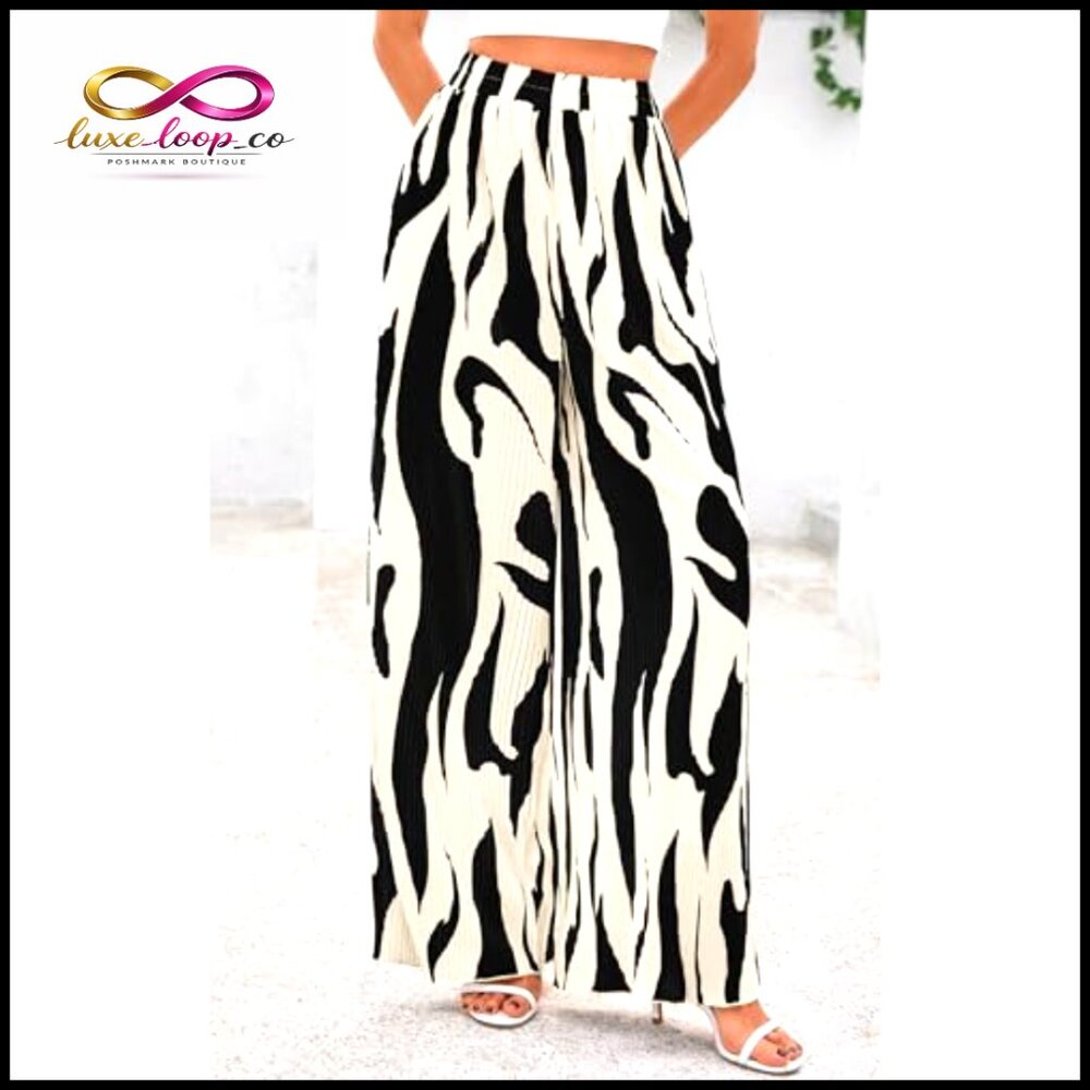 Wide Leg Palazzo Pants High‎ Waist Pleated Lounge Casual Graphic Print - Picture 4 of 7